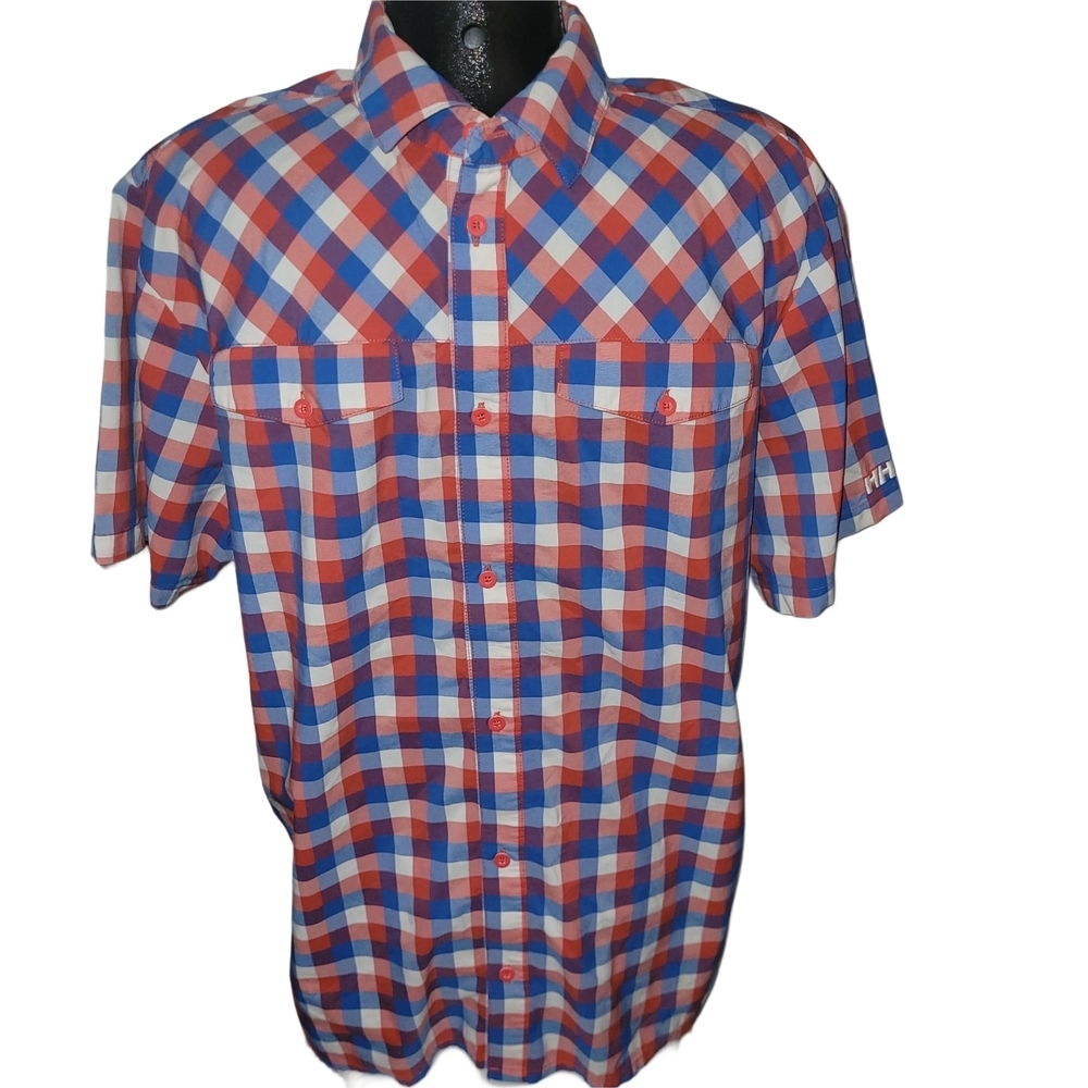 Helly Hansen Men's Red and Blue Checkered Short Sleeve Outdoor Shirt XL